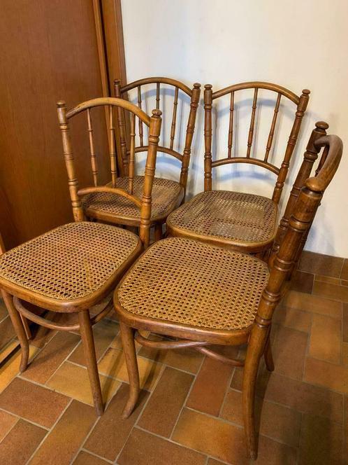 Set van 4 antieke stoelen Frères Cambier Ath, eind 19de eeuw, Maison & Meubles, Chaises, Utilisé, Quatre, Bois, Osier ou Rotin