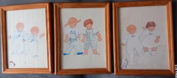 3 dessins bébés Dujardin en peinture assortis et encadrés 