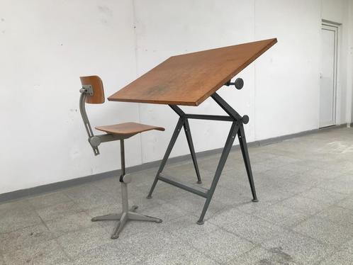 Vintage design Friso Kramer tekentafel + stoel, Maison & Meubles, Bureaux, Utilisé, Bureau, Réglable en hauteur, Enlèvement