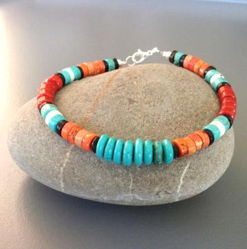 Bracelet amérindien homme ou femme en turquoise et corail