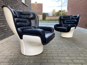 2x Joe Colombo Elda Chair Cuir noir, Fibre de verre blanche