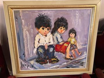 schilderij met zwerverskinderen, getekend PEPIN