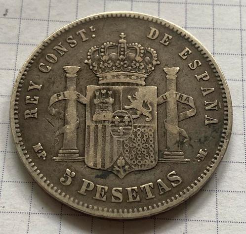Zilveren 5 pesetas 1888 Espagne, Timbres & Monnaies, Monnaies | Europe | Monnaies non-euro, Monnaie en vrac, Autres pays, Argent