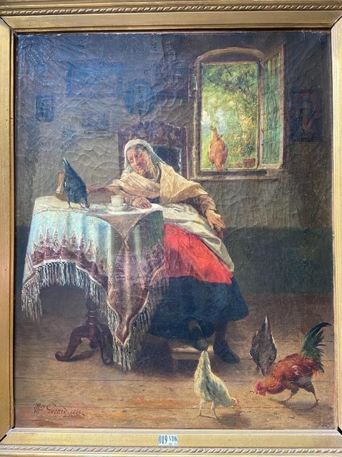 Tableau Théodore Gérard "Dame assoupie dans un intérieur", Antiquités & Art, Art | Peinture | Classique, Enlèvement