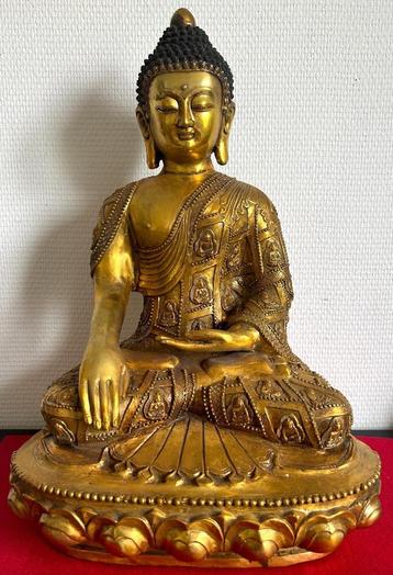 Rare Grand Bouddha en Bronze Doré Signé du Tibet