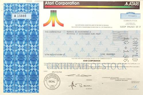 Atari Corporation 1994, Timbres & Monnaies, Actions & Titres, Certificat d'action, 1970 à nos jours, Enlèvement ou Envoi