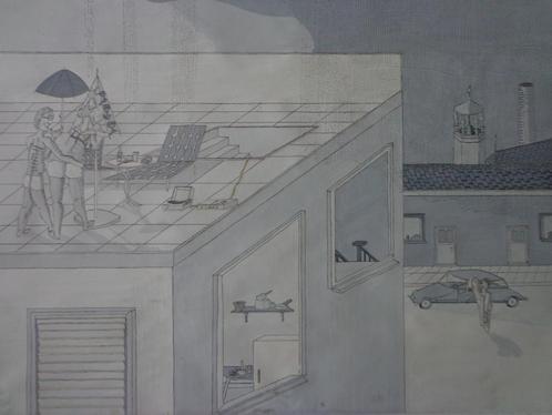 Naïeve tekening Juffermans Huiselijke scènes uit 1979, Antiquités & Art, Art | Dessins & Photographie, Enlèvement ou Envoi