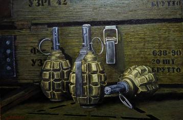 "Stilleven met leger granaten" Schilderij  