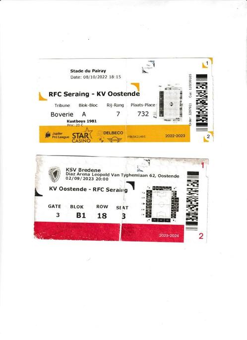 Seraing - KV Oostende : 2 tickets (utilisés) (2022/2023), Collections, Articles de Sport & Football, Utilisé, Autres types, Enlèvement ou Envoi