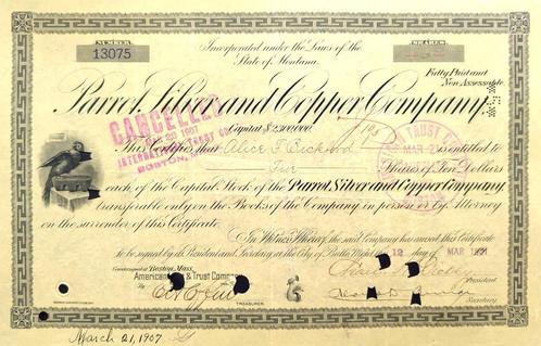 Parrot, Silver and Copper Company 1907, Timbres & Monnaies, Actions & Titres, Certificat d'action, Avant 1920, Enlèvement ou Envoi