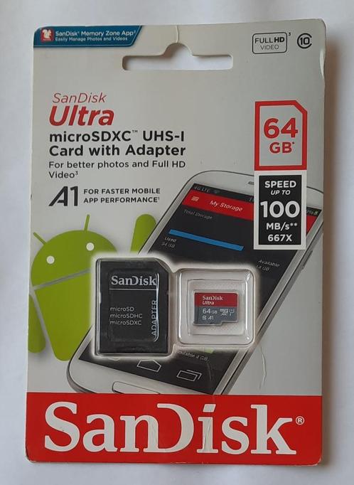Carte micro SDXC SanDisk (64 GB) + Adaptateur neuf, TV, Hi-fi & Vidéo, Photo | Cartes mémoire, Neuf, MicroSDXC, 64 GB, Enlèvement ou Envoi