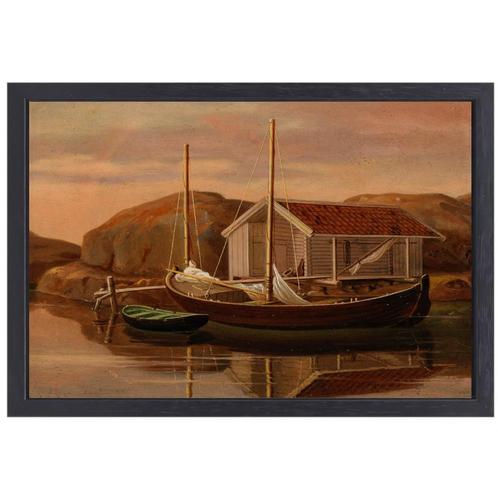 Quai et abri à bateaux - Toile Wilhelm von Wright + cadre de, Antiquités & Art, Art | Peinture | Classique, Envoi