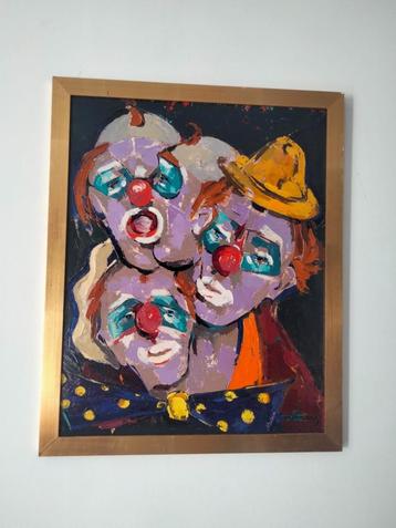 70s vintage kunst olieverf op board clown circus schilderij