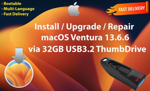 Installez macOS Ventura 13.6.6 via une Clé USB3.2 32 Go OSX, Informatique & Logiciels, Systèmes d'exploitation, Neuf, MacOS, Envoi