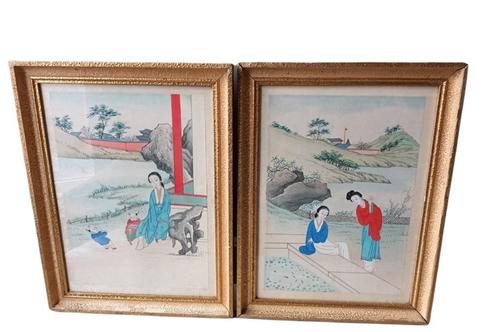 paar Chinese aquarellen met zotjes., Antiquités & Art, Art | Dessins & Photographie, Enlèvement