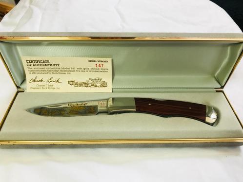 1991 BUCK 531 Limited Gold Etched Blade 147 of 200 in Nice B, Caravanes & Camping, Outils de camping, Neuf, Enlèvement ou Envoi