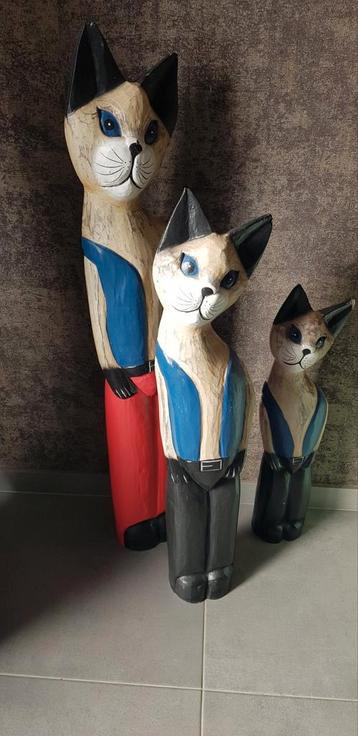 3 decoratieve houten katten 