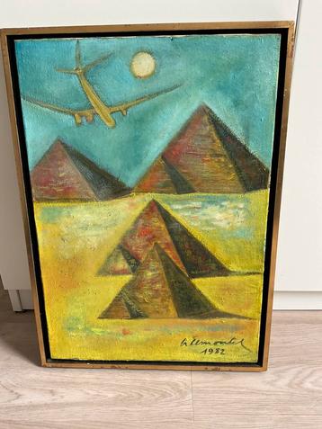 Schilderij met piramides en vliegtuig 