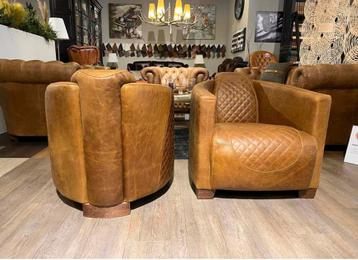 2 x fauteuils Aviator vintage Cigar cognac leer Chesterfield