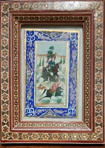 Zeer mooi Perzisch miniatuur schilderij van jachtpar