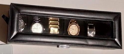 Zwarte lederen horlogeopbergdoos met 5 horloges. Plaats vr 6, Handtassen en Accessoires, Manchetknopen, Zo goed als nieuw, Ophalen of Verzenden