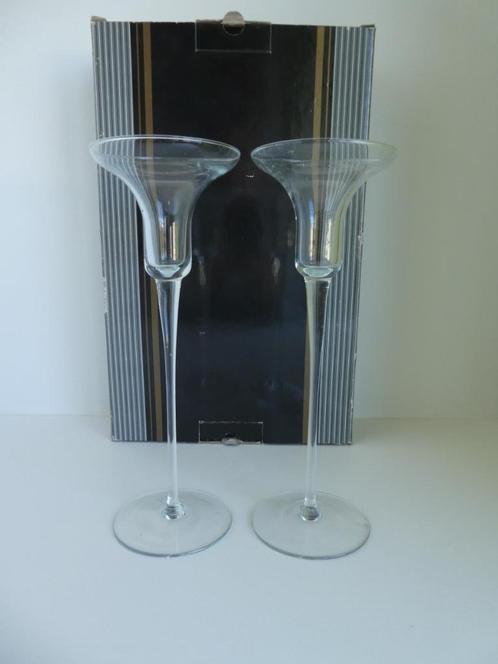 2 glazen kandelaars, Maison & Meubles, Accessoires pour la Maison | Bougeoirs & Bougies, Comme neuf, Chandelier, Moins de 25 cm