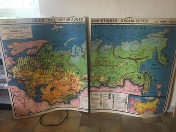 Affiche scolaire URSS double carte années 50