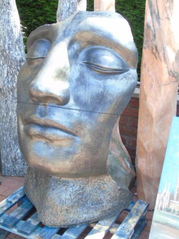 beeld of buste van een XXL-gezicht in brons gepatineerde ste
