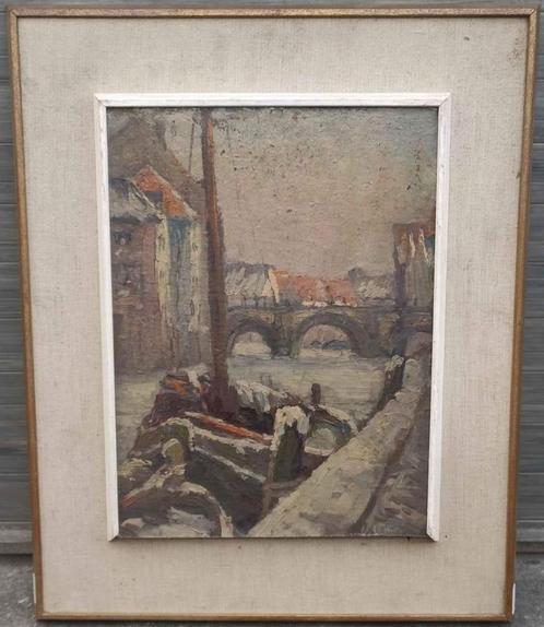 Huile sur panneau péniche a quai signe Auguste de roisin, Antiquités & Art, Art | Peinture | Classique, Envoi