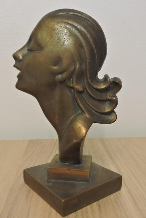 art deco bronze vrouwenhoofd op bronze voet, Antiquités & Art, Antiquités | Bronze & Cuivre, Bronze, Enlèvement ou Envoi