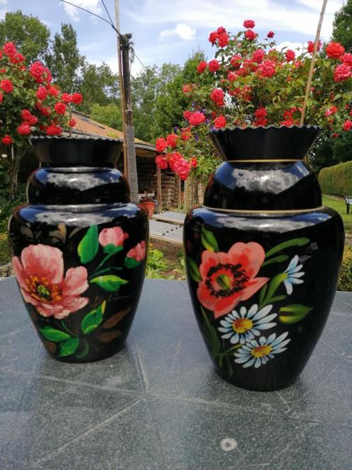 Koppel Vazen Booms glas zwart bloemen, Antiquités & Art, Antiquités | Vases, Enlèvement