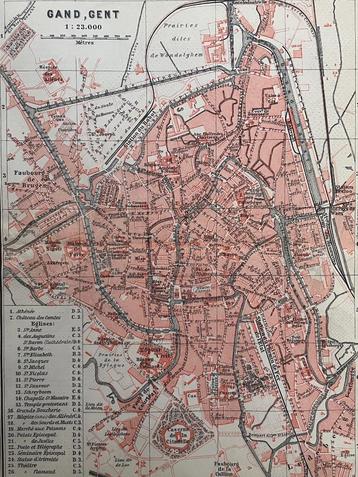 1885 plattegrond Gent - Gand in Belgie O U D in lijst