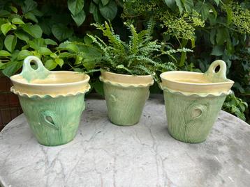 3 cache-pots anciens en céramique à suspendre - faux bois