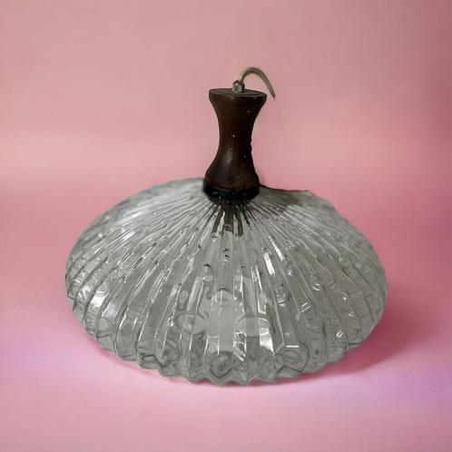 Vintage glazen luster / hanglamp met hout accent, Antiek en Kunst, Antiek | Verlichting, Ophalen of Verzenden