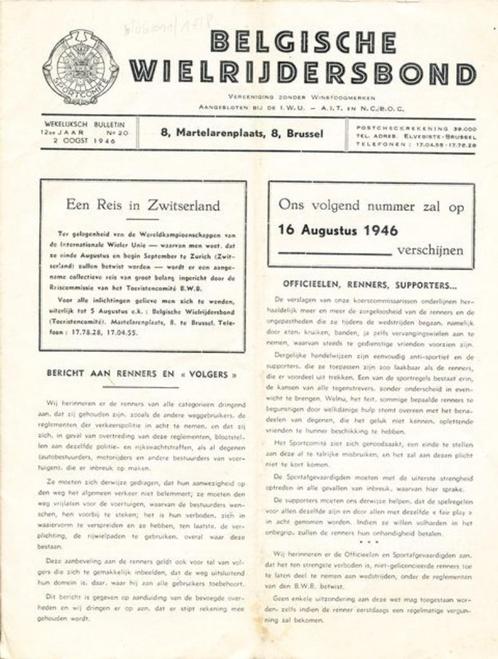 (sp116) Belgische Wielrijdersbond, wekelijks bulletin, 1946, Livres, Livres de sport, Utilisé, Enlèvement ou Envoi