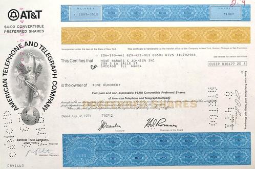 American Telephone and Telegraph (AT&T) Company 1971, Timbres & Monnaies, Actions & Titres, Certificat d'action, 1970 à nos jours