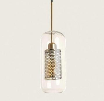 Lampe suspendue LED dorée industrielle + lanterne en verre