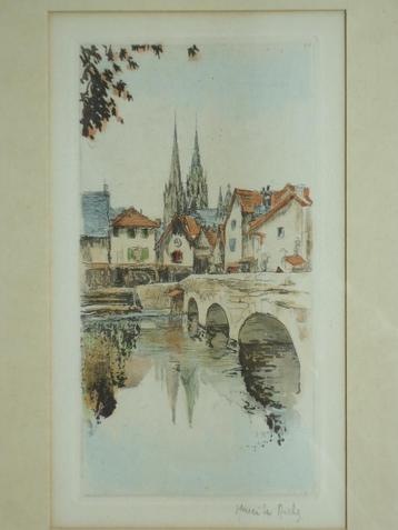 Gravure couleur Henri LE RICHE vers 1900 Cathédrale et pont 
