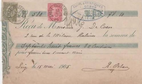 1905: Reçu van ## Cuirs Artistiques R. ORBAN, Liège ##, Verzamelen, Overige Verzamelen, Gebruikt, Ophalen of Verzenden