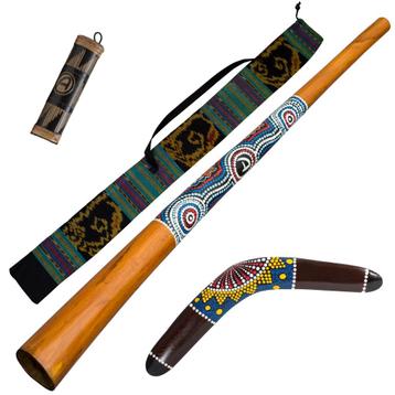 Didgeridoo en bois 130cm incl. sac, boomerang, bâton de plui