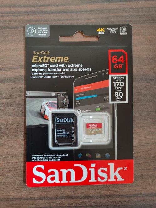 SanDisk Extreme 64GB, TV, Hi-fi & Vidéo, Photo | Cartes mémoire, Neuf, MicroSD, Enlèvement ou Envoi