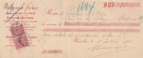 1905 : Reçu #Distillerie & Raffinerie VERBURGH Frères, BXL., Collections, Collections Autre, Utilisé, Enlèvement ou Envoi