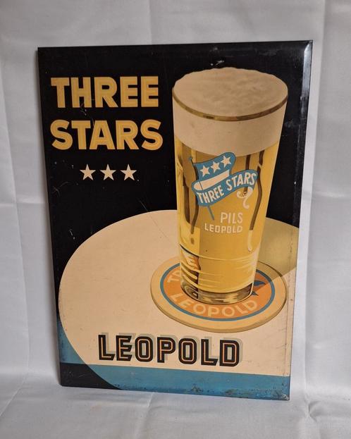 Enseigne publicitaire tole 1956 Three Stars pils Leopold, Collections, Marques & Objets publicitaires, Utilisé, Panneau publicitaire