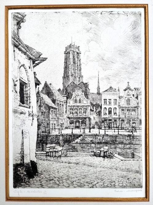 Romain Malfliet/ 1910-2006/Mechelen/ ets/ vismarkt/ Dijle, Antiek en Kunst, Kunst | Etsen en Gravures, Ophalen of Verzenden
