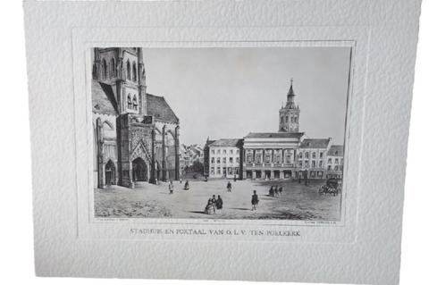 Stadhuis en portaal van OLV Ten Poelkerk., Antiek en Kunst, Kunst | Litho's en Zeefdrukken, Ophalen of Verzenden