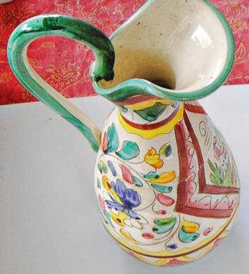 Pichet / vase vintage terre cuite émaillée polychrome, 25 cm
