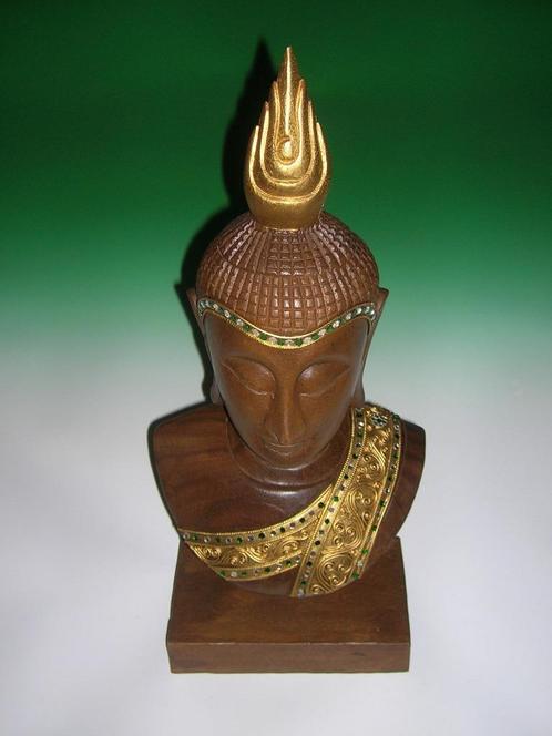 Beeld: Houten Boeddha hoofd op voet, Maison & Meubles, Accessoires pour la Maison | Statues de Bouddha, Neuf, Enlèvement