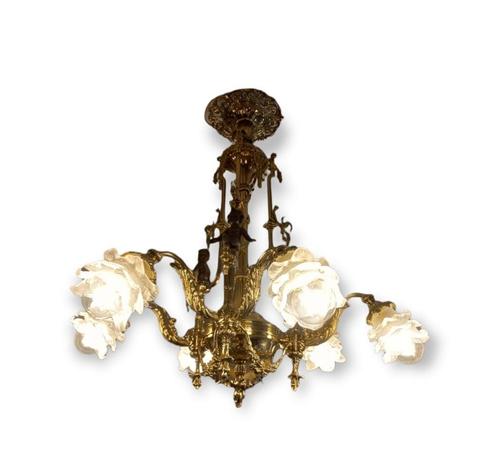 brons vergulde "Cherubs" luster, Maison & Meubles, Lampes | Lustres, Utilisé, Métal, Enlèvement
