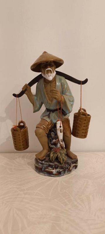 Statuette ancienne pêcheur Chine céramique terre cuite 