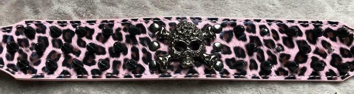 Roze hondenhalsband schedel, luipaard en puistjes, Dieren en Toebehoren, Overige Dieren-accessoires, Zo goed als nieuw, Ophalen of Verzenden